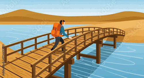 Illustration of a person hiking on a wooden bridge over water and natural landscape scenery