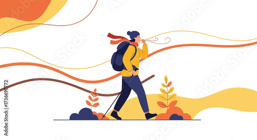 Illustration Of A Person Hiking With A Backpack And Blowing On A Whistle  Abstract Concept