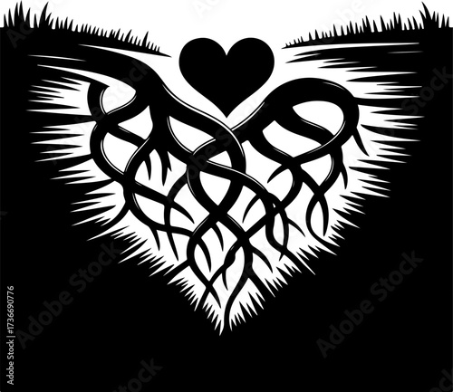 Heart-shaped tree roots forming a symbolic representation of love and growth
