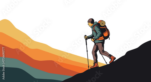 Illustration of a person hiking up a mountain with trekking poles and a backpack