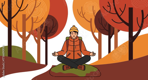 Illustration of a Person Meditating in a Forest with Fall Foliage and Trees