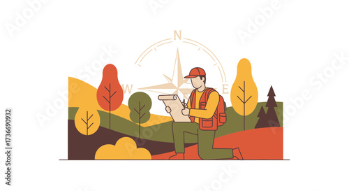 Illustration of a person navigating with a map and compass in a natural landscape