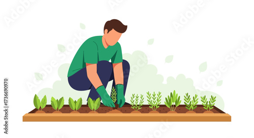 Illustration of a person planting vegetables in a garden growing fresh produce