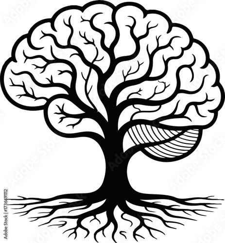 Abstract brain tree illustration in monochrome, symbolizing intellect, knowledge, growth, and the natural evolution of thought