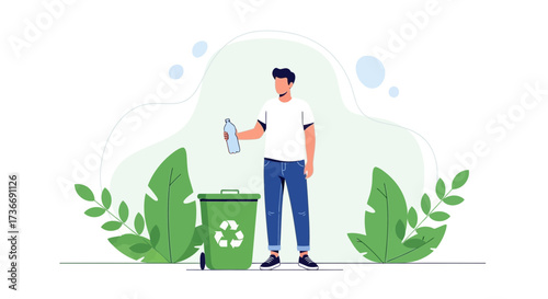 Illustration of a person recycling a plastic bottle into a waste recycling bin