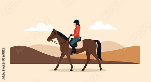 Illustration of a person riding a horse across a desert landscape setting