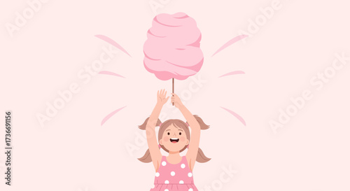 Joyful Child Holding Cotton Candy: A Delightful Pink Confectionery Illustration