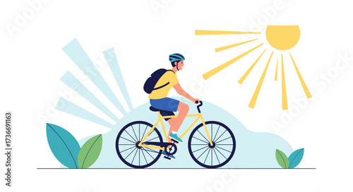 Illustration of a person riding a bicycle outdoors under the sunlight on a sunny day