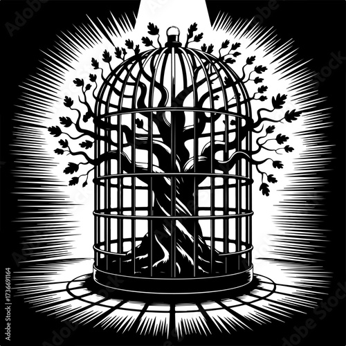 Illustration of a tree enclosed in a cage, symbolizing restriction and confinement
