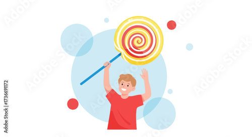 Joyful Child Holding Giant Lollipop, Celebrating Sweet Delights, Colorful Illustration