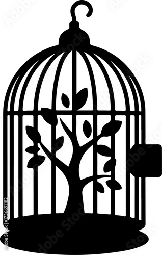 Minimalist vector illustration of a healthy tree flourishing within a classic birdcage, symbolizing inner freedom, growth, and nature's resilience despite confinement