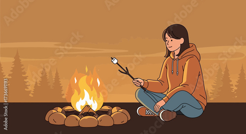 Illustration of a person roasting a marshmallow over a campfire during a camping trip