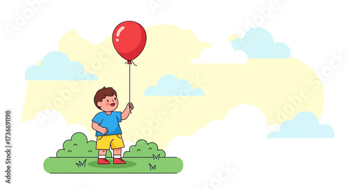 Joyful Child Holding Red Balloon in Sunny Daytime, Happy Daydream Illustration