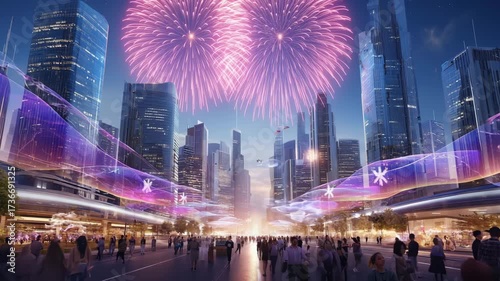 Dynamic Urban Celebration a Night Scene with Crowds Fireworks and Glowing Structures Reflecting in the Cityscape 4K VIDEO 