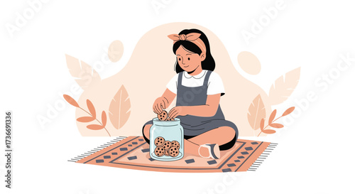 Illustration of a young girl putting cookies in a glass jar in a minimalist style