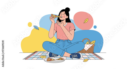 Illustration of a young woman enjoying pizza during a picnic with abstract background