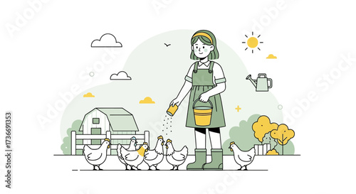 Illustration of a Young Woman Feeding Chickens on a Farm Surrounded By Nature
