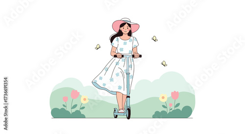 Illustration of a Young Woman Enjoying a Sunny Day Outdoors with a Scooter