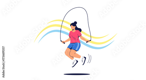 Illustration of a Young Woman Jumping Rope for Fitness or Exercise on White