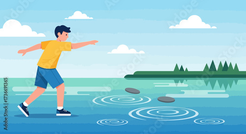 Illustration of a person skipping stones across water in a natural outdoor setting