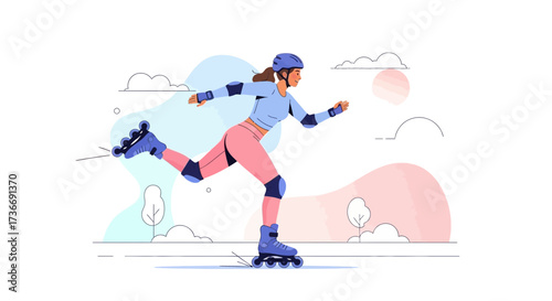 Illustration of a young woman roller skating demonstrating speed and active lifestyle