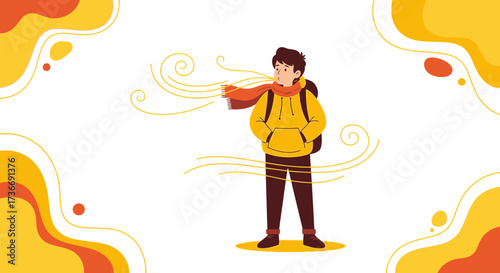 Illustration of a person standing in the wind wearing a scarf and a backpack