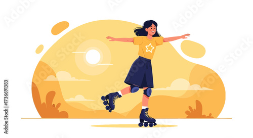 Illustration of a young woman roller skating with arms outstretched on a sunny day