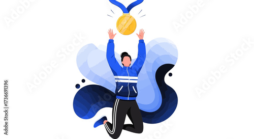 Illustration of an Athlete Celebrating Victory, Holding Up a Gold Medal Showing Success