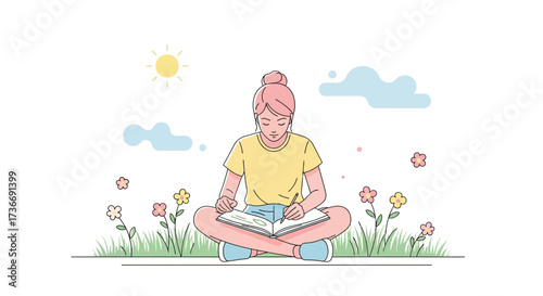Illustration of a young woman writing in a notebook outdoors in a relaxing environment
