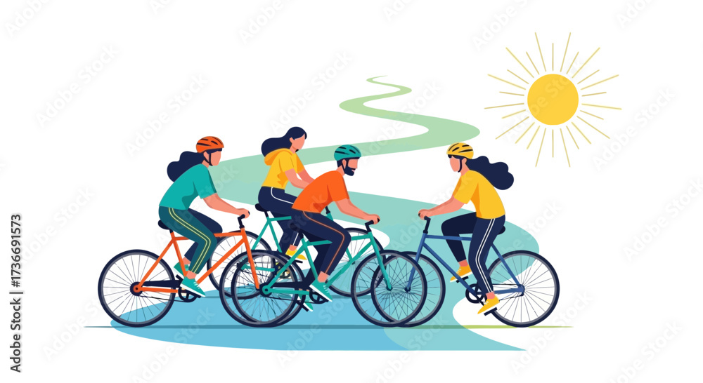 Naklejka premium Illustration of cyclists riding bikes on a sunny day on a path for outdoor activity