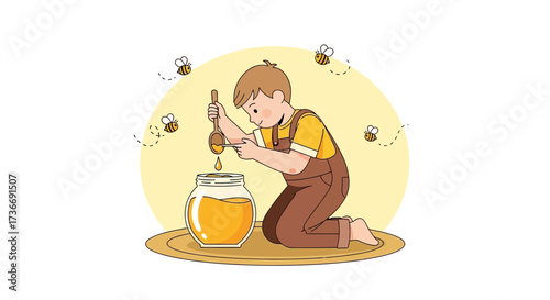 Illustration of child harvesting honey from a jar with bees flying around him