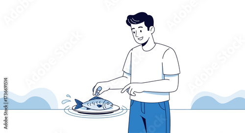 Illustration of Chef Preparing Fish Dish Featuring a Modern Style and Minimalist Design