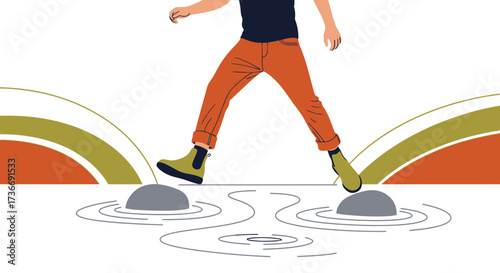 Illustration of a Person Walking on Stones Across a Stream, Overcoming Obstacles