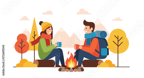 Illustration of couple camping near campfire with mountains and autumn elements