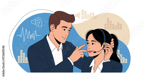Illustration of customer service representative and audio technology concept minimal two characters