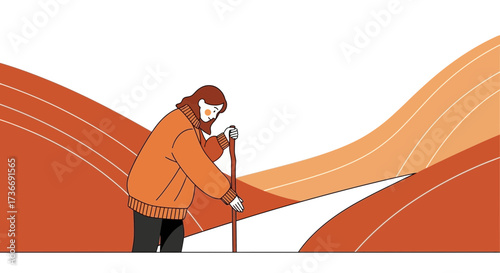 Illustration of a person walking with a walking stick in a warm, abstract landscape