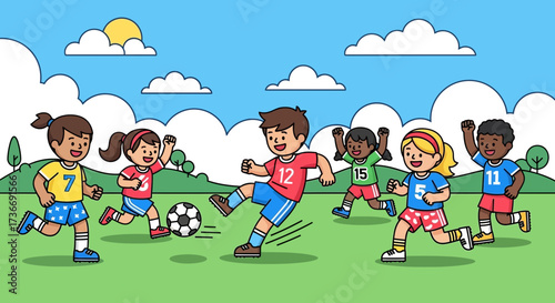 Illustration of diverse children playing soccer in a sunny outdoor environment