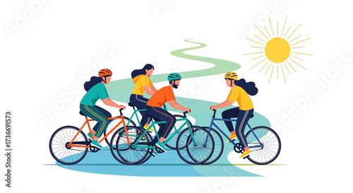 Illustration of cyclists riding bikes on a sunny day on a path for outdoor activity