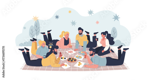 Illustration of diverse group having a picnic outdoors enjoying the spring season