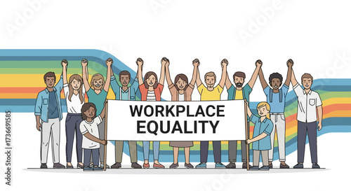 Illustration of diverse group holding a "Workplace Equality" banner, celebrating inclusivity