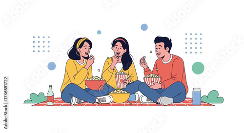 Illustration of friends eating popcorn at a picnic, enjoying quality time together.