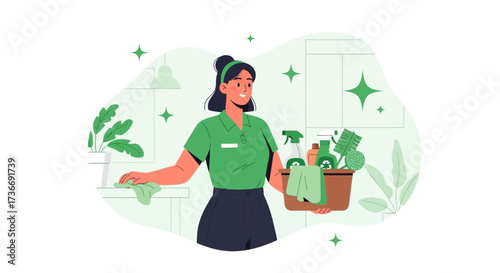 Illustration of a professional cleaner holding a cleaning basket and cleaning a surface at home