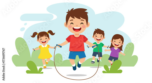 Illustration of happy children playing jump rope in a park during the day
