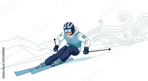 Illustration of a skier wearing a helmet and skiing down a snowy mountain slope