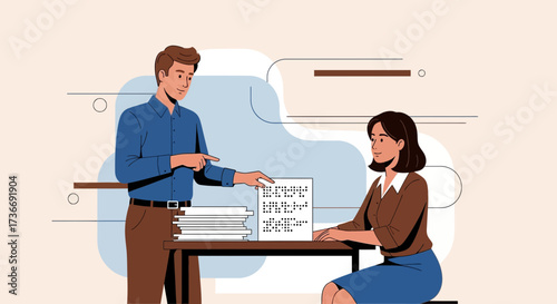 Illustration of people discussing braille, diversity and inclusion, at work in an office