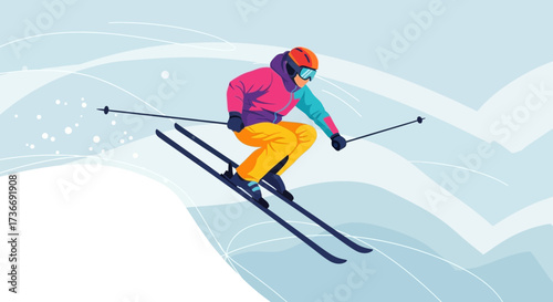 Illustration of a skier in action doing a ski jump on a snowy mountain slope landscape