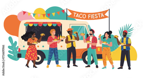 Illustration Of People Enjoying Tacos From A Taco Truck And Celebrating A Fiesta