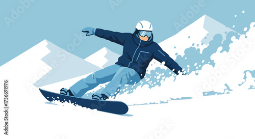 Illustration of a snowboarder carving down a snowy mountain against a blue sky or background