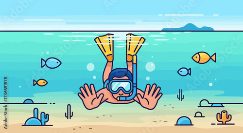 Illustration of a snorkeler swimming underwater with fish and marine life, vector style