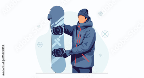 Illustration of a snowboarder holding snowboard in winter concept design